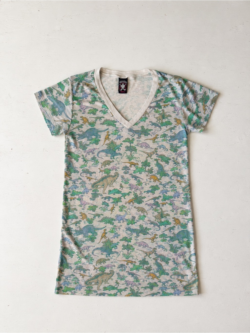 Vintage Y2K Hot Topic Chaser Dinosaur All Over Print V-Neck Tee Small Made in US